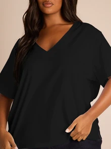 FASHION SZN Áo thun nữ cỡ lớn, 100% cotton, cổ chữ V, dáng rộng, màu trắng, thích hợp mặc hàng ngày ở sân bay, mùa hè, đi nghỉ mát, tay ngắn, dáng rộng. - màu đen - Xem 3
