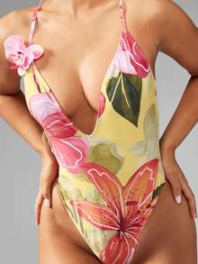 MISSGUIDED Áo tắm liền thân cổ khoét sâu họa tiết hoa nhiệt đới với điểm nhấn hoa lan 3D, thích hợp cho kỳ nghỉ hè trên bãi biển. - Màu vàng - Xem 4