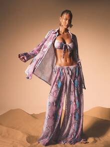 Snake Print Wide Leg Mesh Trousers High Waisted Flowy Beach Cover Up Palazzo Pants Resort Vacation Summer Festival Boho Bottoms - Lilac Purple - View 2
