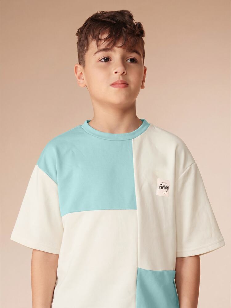 Oversized Color Block Tshirt With Chest Logo Graphic Short Sleeve Crew Neck Summer Casual Streetwear