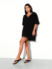 KSTM Black V Neck Fringe Hem Mini Dress With Three Quarter Sleeves And Oversized Fit For Casual Beach Summer Occasions - Black - View 4