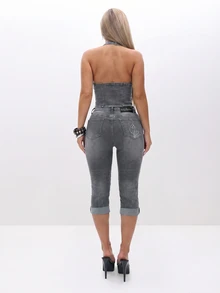 BABYPHAT Quần jean lửng denim co giãn, cạp trung bình, ống quần xắn lên, kiểu dáng casual mùa hè, có họa tiết thêu hình mèo ở túi sau. - Xám - Xem 5