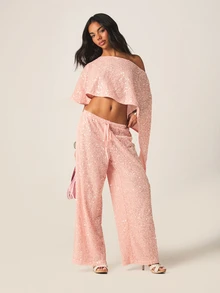 MISSGUIDED 粉色亮片阔腿裤，抽绳腰带，透视派对长裤，闪亮晚装裤，夜店狂欢必备下装 - 淺粉色 - 查看 2