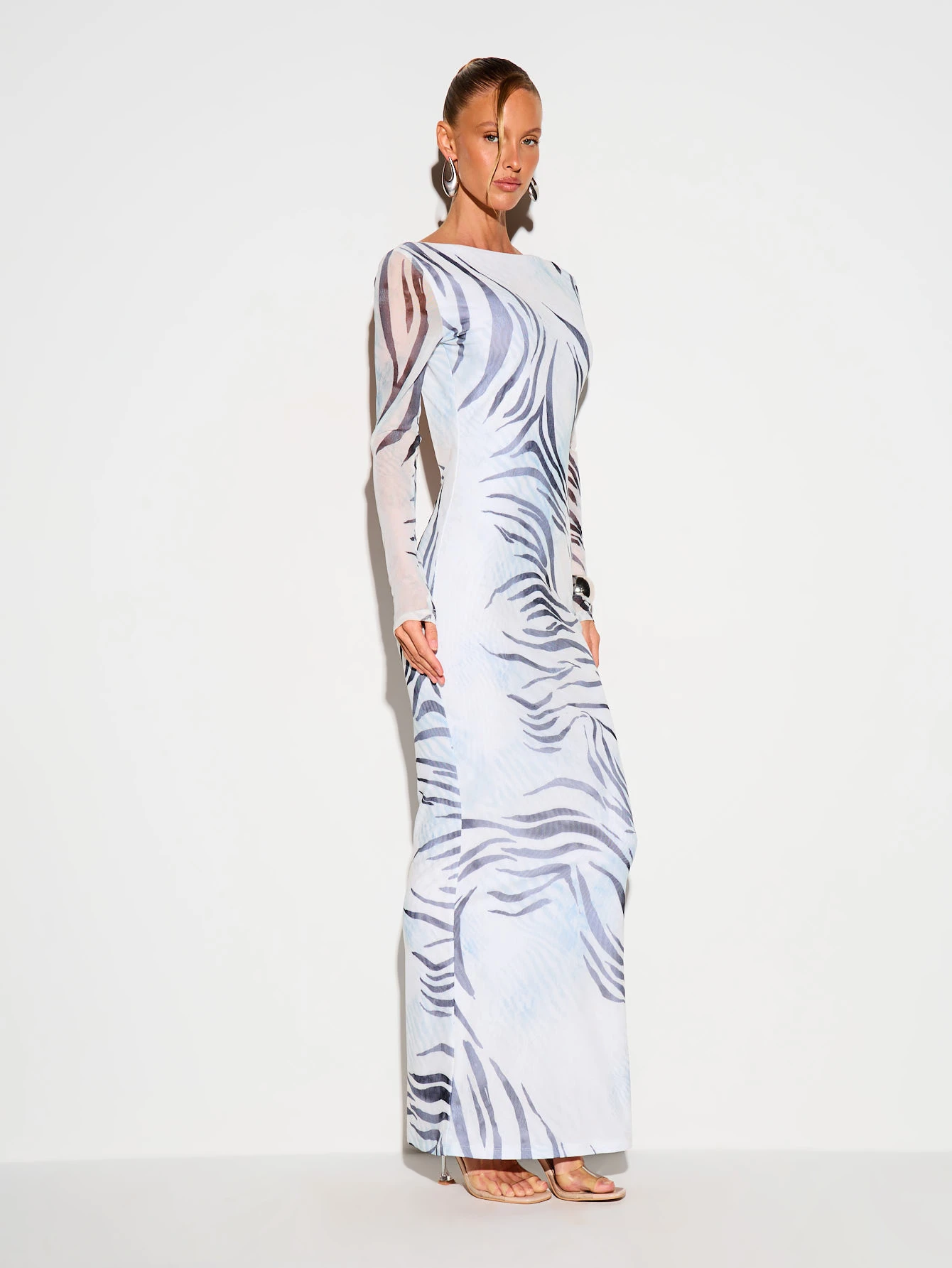 KIZN Abstract Zebra Print Long Sleeve Open Back Maxi Dress