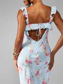 MISSGUIDED Ruffle Shoulder Floral Print Bias Cut Satin Maxi Dress With Lace Up Back Detail Summer Wedding Guest Dress Floor Length Feminine Elegant Party Dress - White - View 5