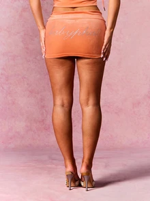 BABYPHAT Fold Over Waist Velour Mini Skirt With Rhinestone Script Detail High Waisted Bodycon Skirt Club Party Night Out - Coral Orange - View 4