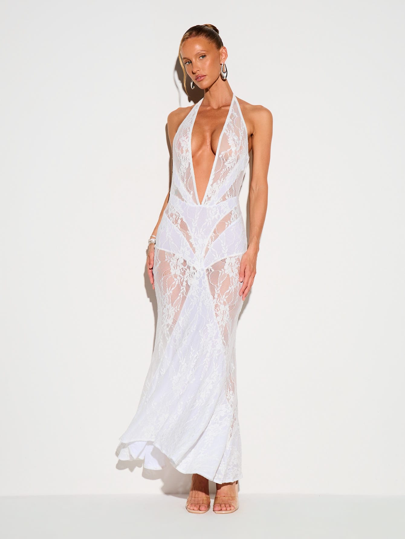 KIZN Lace Halter Plunge Maxi Dress