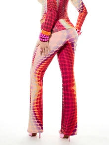 SUMWON WOMEN Multi Colored Polka Dot Abstract Print High Rise Wide Leg Flare Pants With Mesh Fabric Detailing For Fall Winter Fashion - Multicolor - View 2