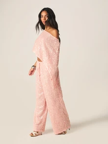 MISSGUIDED 粉色亮片阔腿裤，抽绳腰带，透视派对长裤，闪亮晚装裤，夜店狂欢必备下装 - 淺粉色 - 查看 4