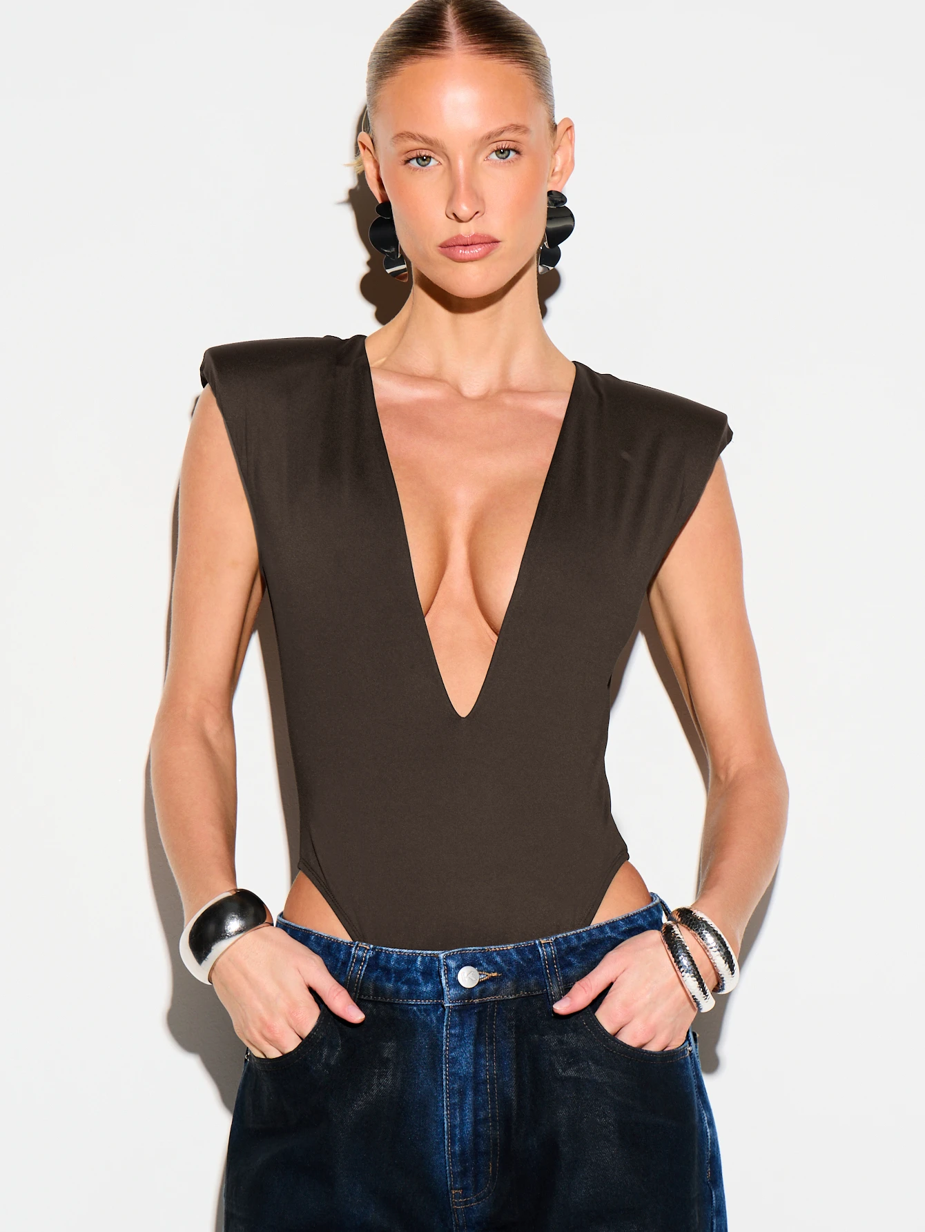 KIZN Deep Plunge Sleeveless Bodysuit With Shoulder Pads