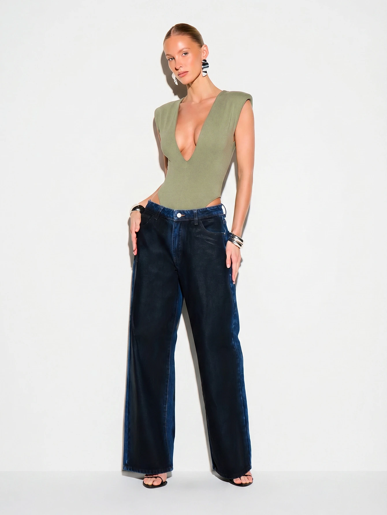 KIZN Sleeveless Deep V Neck Bodysuit With Shoulder Pads