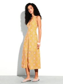 KSTM Bohemian Midi Dress With Deep V Neckline Halter Neck Geometric Print Backless Summer Vacation Outfit - Multicolor - View 4