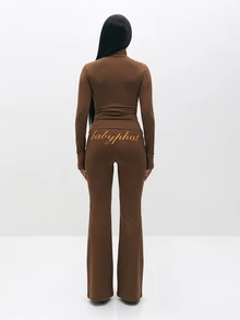 BABYPHAT Pull On Flare Leg High Waisted Ribbed Knit Brown Leggings With Bootcut Style - Chocolate Brown - View 6