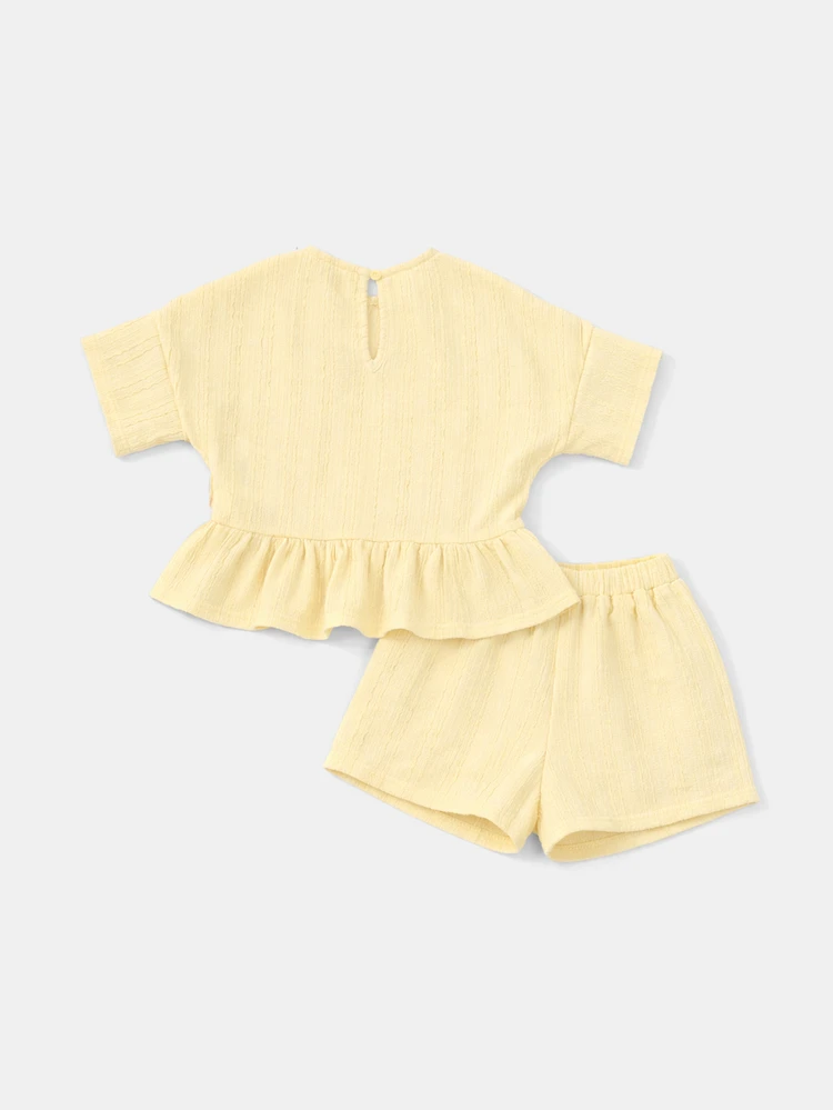 Girls Yellow Short Sleeve Textured Top With Matching Shorts Two Piece Summer Coord Set