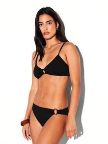 KSTM Black Ribbed Triangle Bikini Top With Ring Detail Front Tie And Cross Back Straps Summer Beach Swimwear - Black - View 4