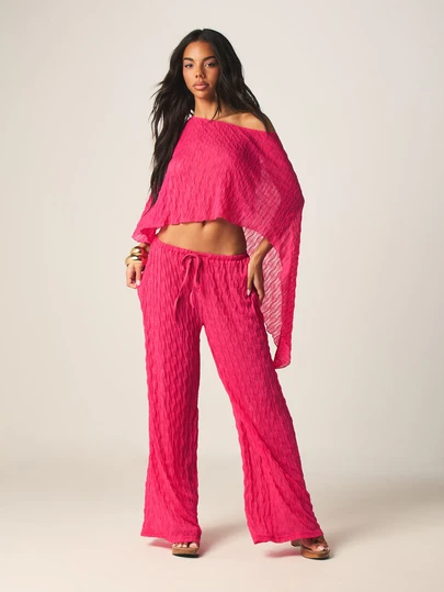 MISSGUIDED Textured Off Shoulder Top And Wide Leg Palazzo Pants Coordinated Two Piece Set Summer Vacation Beach Resort Loungewear Outfit