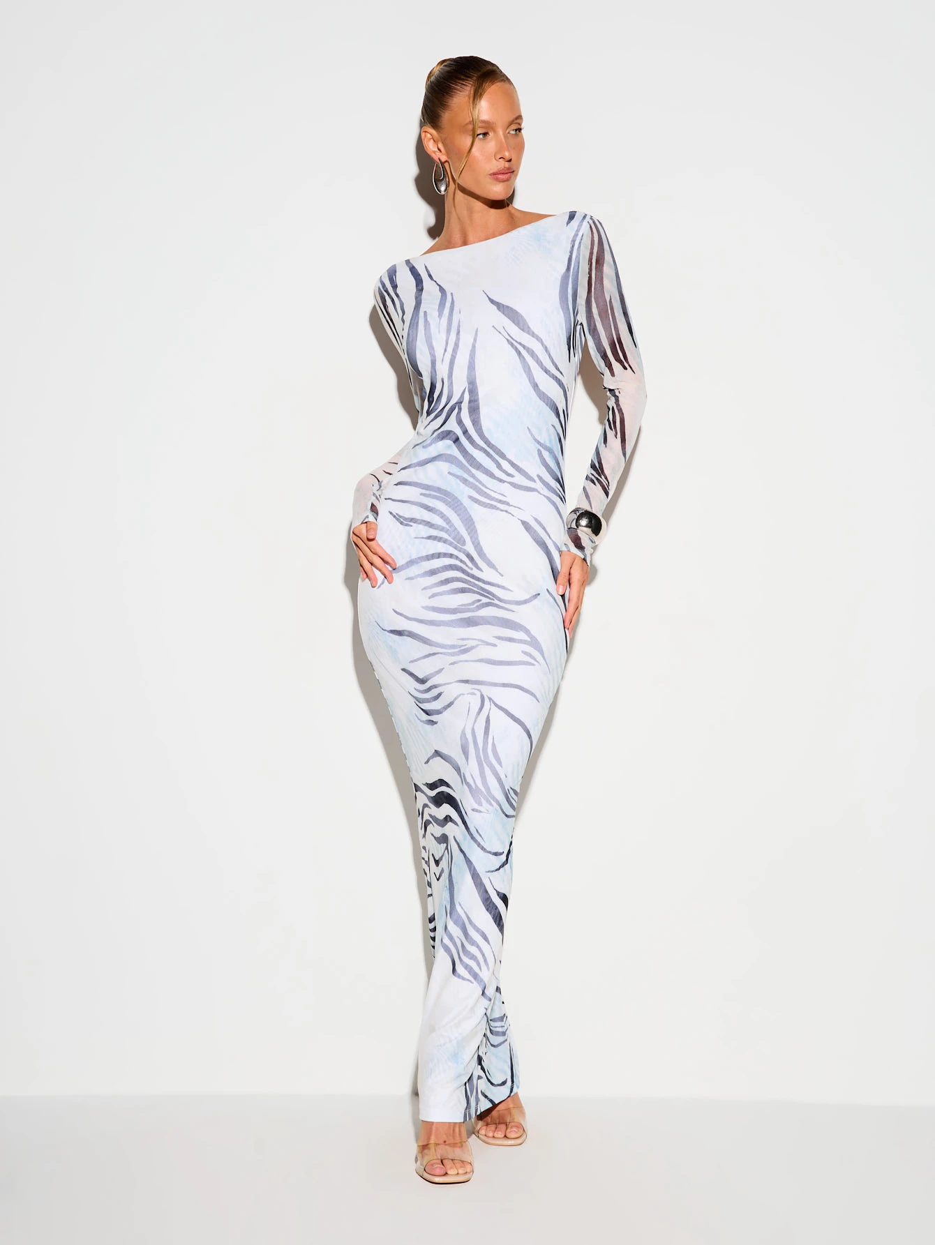 KIZN Abstract Zebra Print Long Sleeve Open Back Maxi Dress