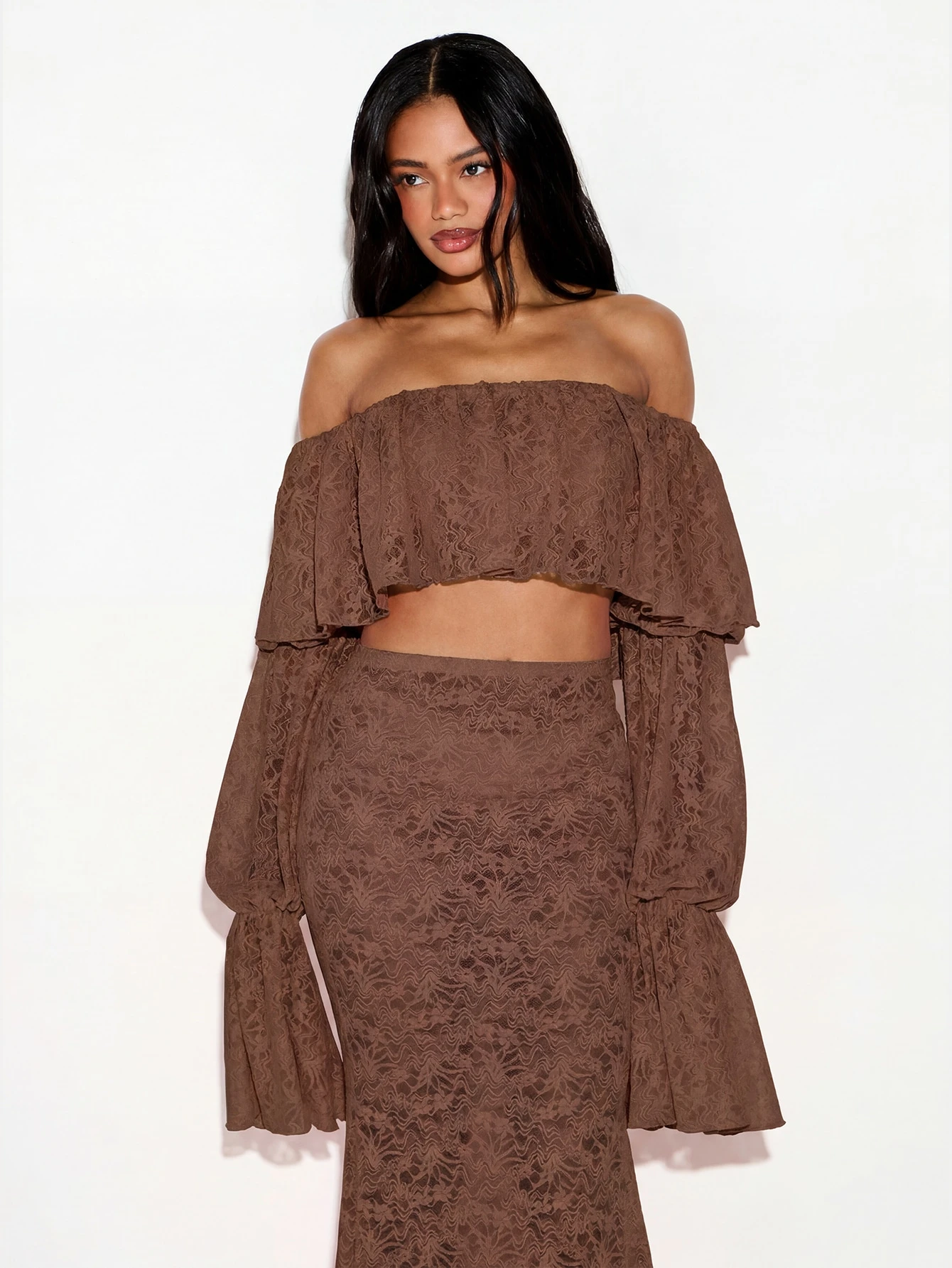 Off Shoulder Lace Bardot Top With Bell Sleeves