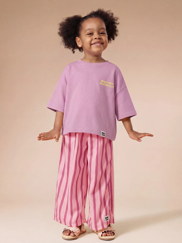Mädchen Co-Ord Set mit gestreifter Schlaghose und Capri Italien Grafik Sweatshirt, Sommer Urlaubsoutfit