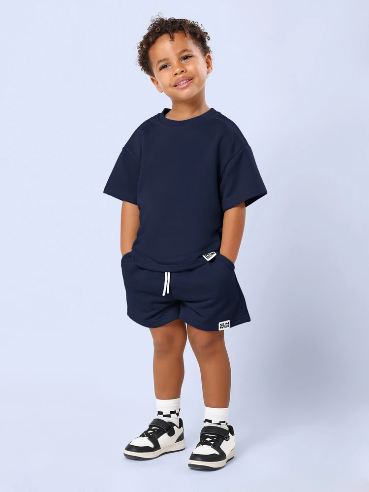 Oversized Boys Coordinated Matching T-Shirt And Shorts Set With Crew Neck Casual Summer Playwear Outfit Navy