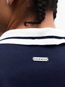 SUMWON Loose Fit Embroidered Navy Polo Shirt With White Contrasting Collar Short Sleeve Casual Rugby Style Vintage Inspired Oversized Fit - Blue - View 6