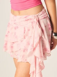 MISSGUIDED Chân váy ngắn xếp tầng bất đối xứng in hoa với chi tiết dây buộc bên hông. - Hồng - Xem 5