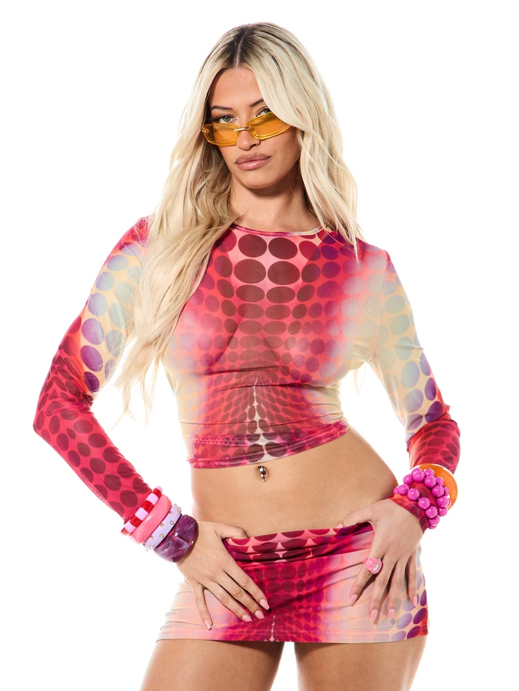 SUMWON WOMEN Multi Colored Polka Dot Long Sleeve Crop Top With Mesh Fabric And Sheer Sleeves For Festival Party Rave Summer Fashion