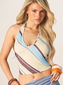 MISSGUIDED Halter Neck Diagonal Striped Tank Top With Back Tie Closure Summer Vacation Beach Casual Sleeveless Cropped Blouse - Multicolor - View 5
