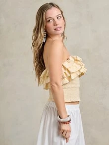 Rouah Top bandeau feminino de cor sólida com detalhes em babados, ideal para férias. - Luz amarela - Ver 5