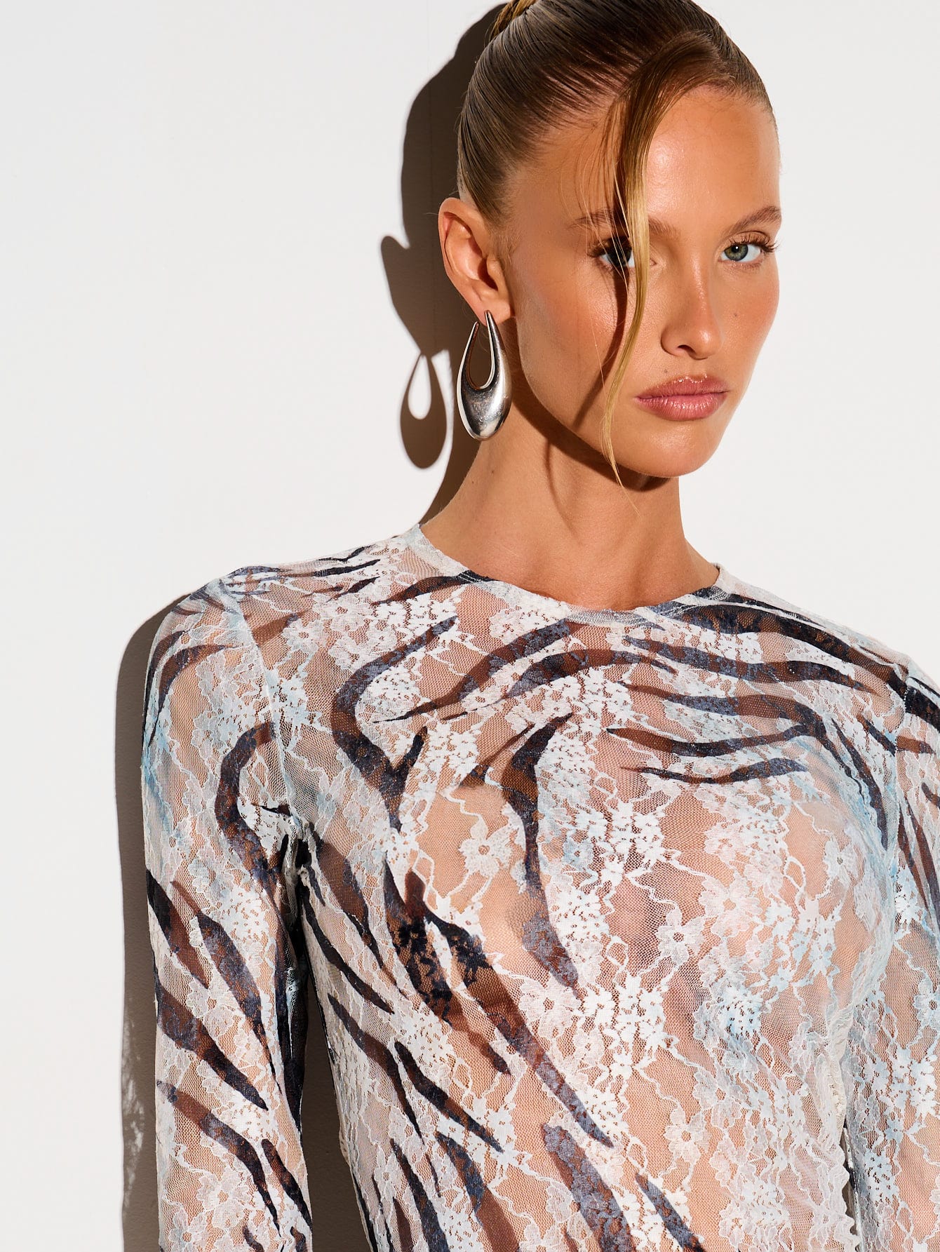 KIZN Zebra Print Long Sleeve Lace Top