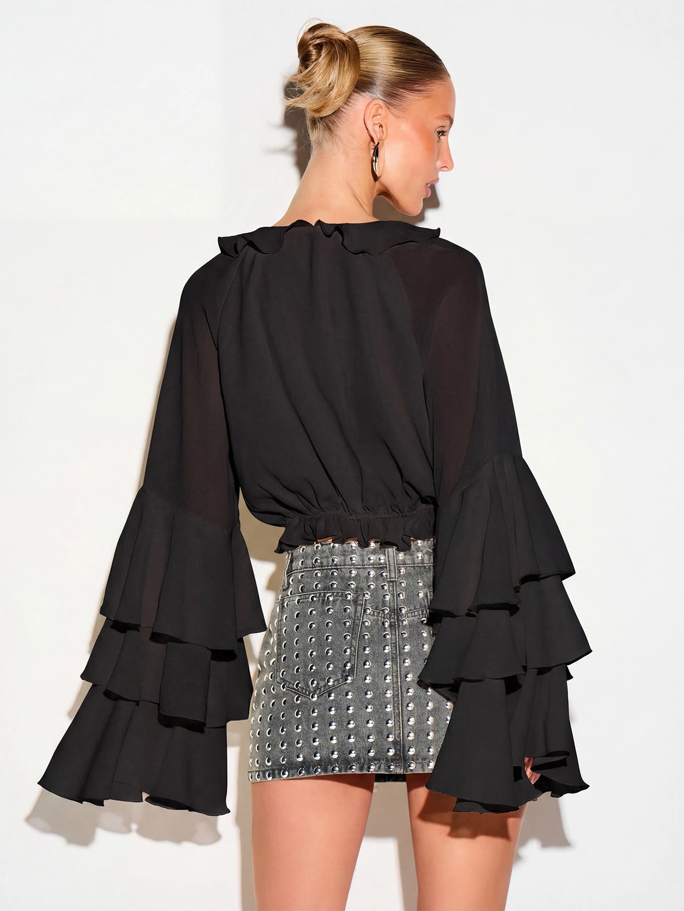 KIZN Ruffle Tie Front Blouse With Flare Sleeves
