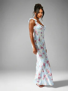 MISSGUIDED Ruffle Shoulder Floral Print Bias Cut Satin Maxi Dress With Lace Up Back Detail Summer Wedding Guest Dress Floor Length Feminine Elegant Party Dress - White - View 3