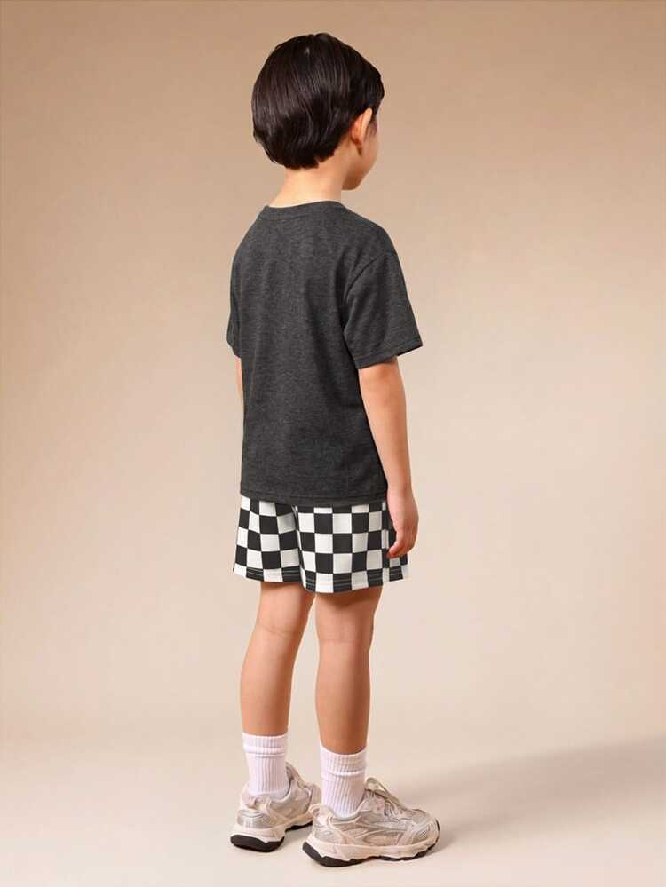 Boys Checkered Shorts And Graphic Tee Coordinated Set Summer Casual Daily Wear