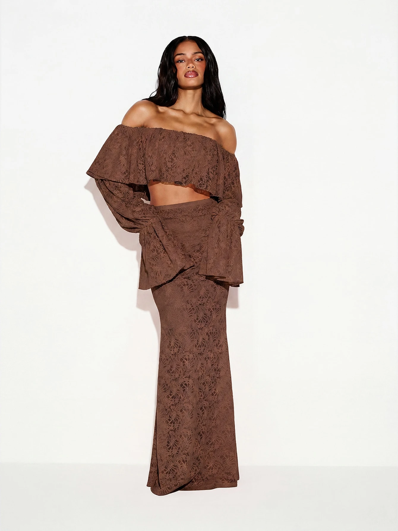 Off Shoulder Lace Bardot Top With Bell Sleeves