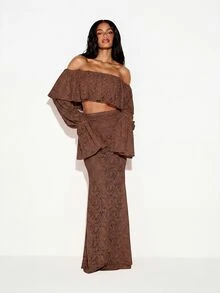 KIZN Off Shoulder Lace Bardot Crop Top With Bell Sleeves Tiered Ruffle Boho Festival Fashion Feminine Summer Style - Chocolate Brown - View 3
