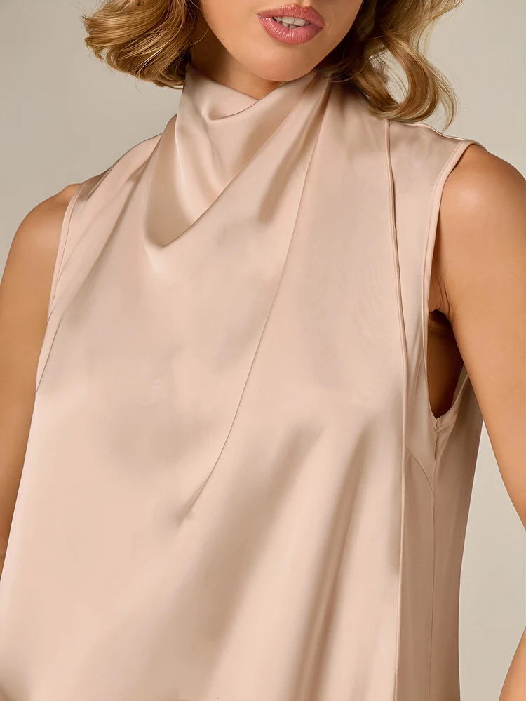 Asymmetric Satin Top With Draped High Neck
