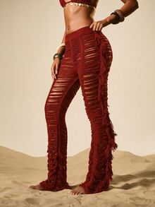 MISSGUIDED Fringe Detail Distressed Flare Pants With Ripped Design And Boho Festival Style For Beach Summer Vacation Outfits - Burgundy - View 3
