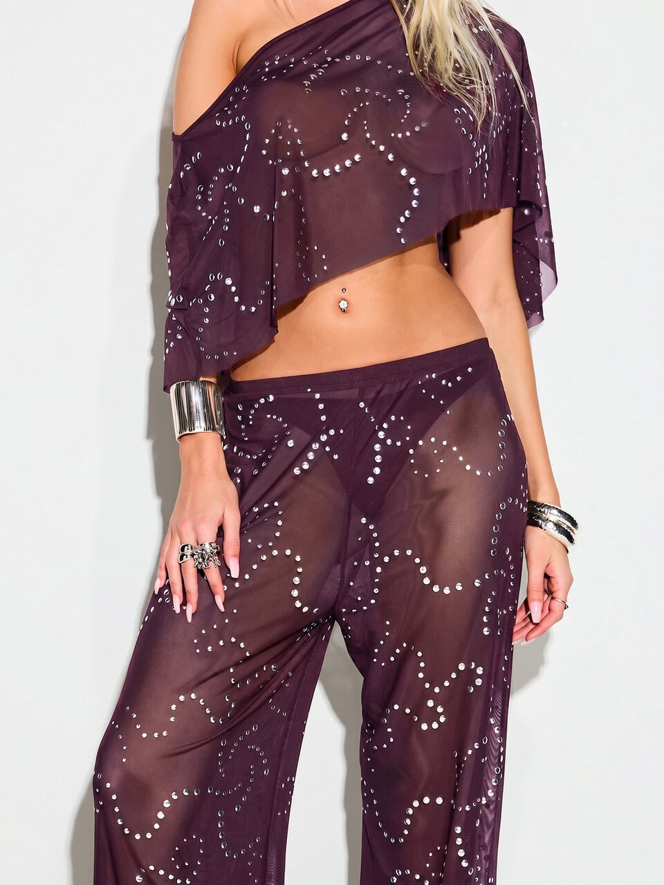 KIZN Sheer Mesh Wide Leg Trousers With Allover Silver Studded Embellishment Festival Party Pants