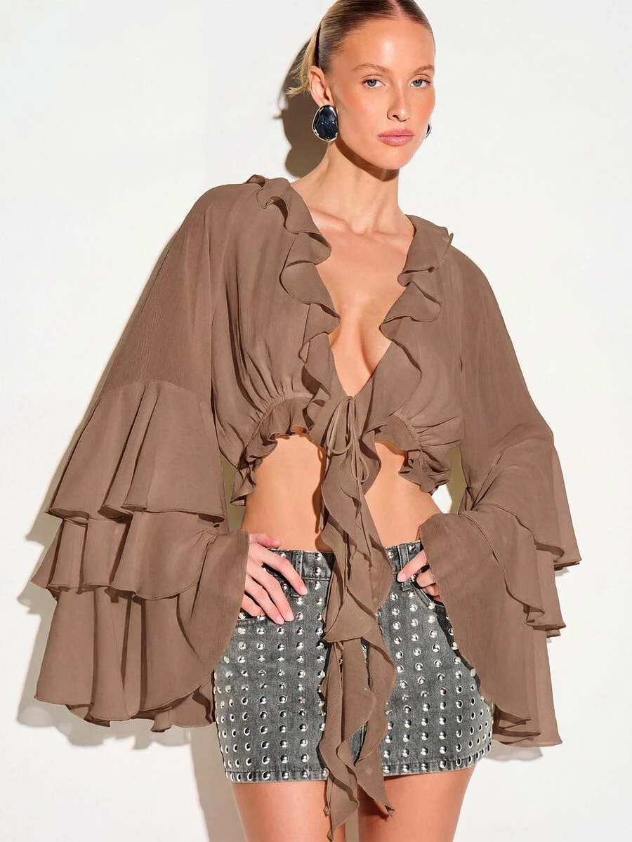 KIZN Ruffle Tie Front Blouse With Bell Sleeves And Deep V Neckline Flowy Top - Brown - View 1