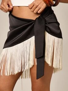 AiiRZ Fringe Hem Satin Sarong Beach Cover Up With Tie Waist And Tassel Details For Summer Vacation Resort Wear Pool Party - Black - View 2