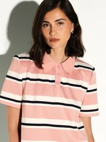 KSTM Striped Polo Blouse Short Sleeve Collared Button Placket Spring Summer Casual Preppy Style Top - Pink - View 6