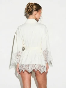 KIZN Satin Kimono Style Night Robe With Delicate Lace Insert Trim Long Sleeves Belted Wrap Closure Bridal Lingerie Sleepwear - White - View 2