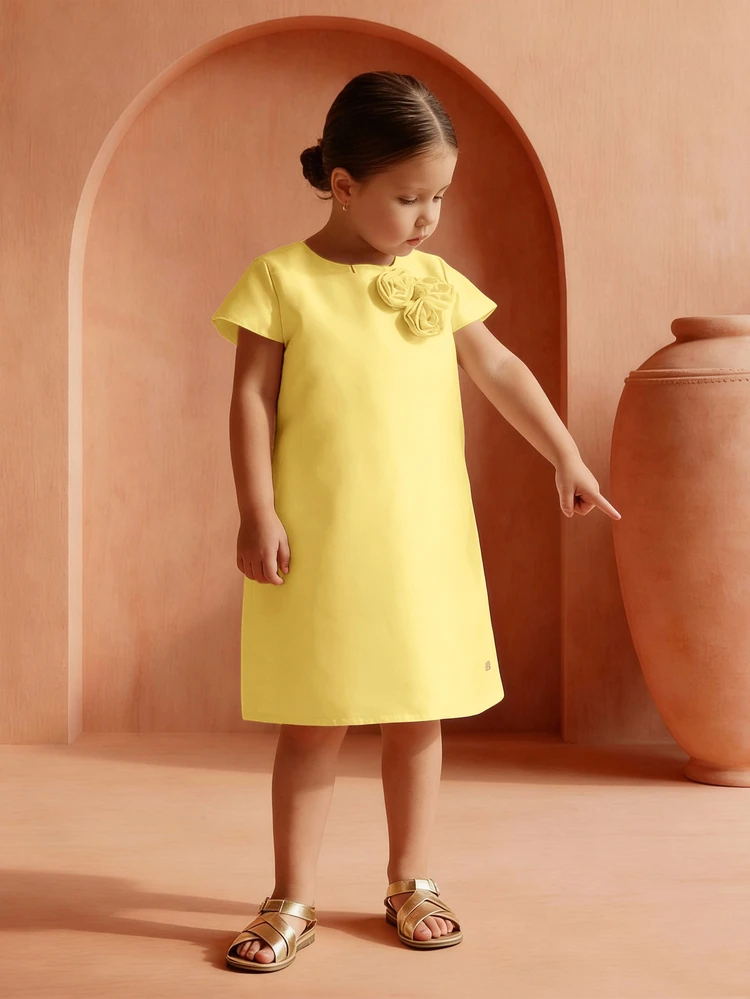 Girls Satin Shift Dress With Floral Rosette Detail Short Sleeve Easter Spring Party Sundress
