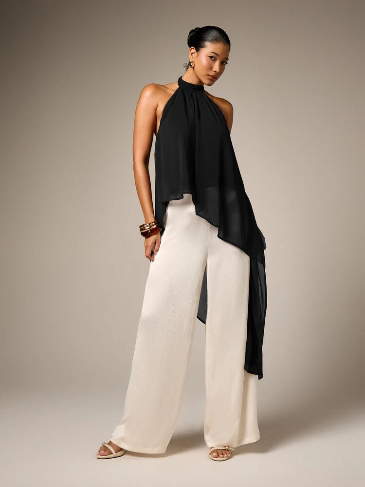Halter Neck Asymmetric Chiffon Top With Side Draping