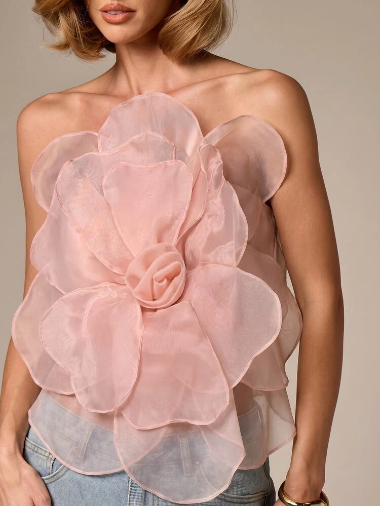 AiiRZ Strapless Organza Flower Top With Dimensional Rose Detail And Smocked Back Band