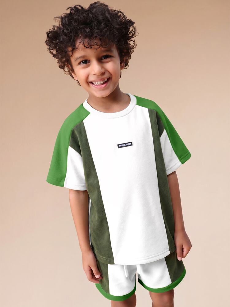 Boys Colorblock T-Shirt And Shorts Co-Ord Set With Green White Design Short Sleeve Summer Outfit Casual Everyday Wear Comfortable