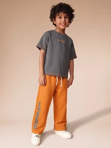 SUMWON Boys Two Piece Jogger Set With Letter Print Short Sleeve Tee And Drawstring Pants Casual Comfortable Everyday Wear Outfit - Orange - View 7