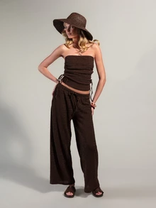 Rouah Women's Textured Vacation Pleated Bandeau Top And Casual Pants Set - Summer Set, Two Piece Summer Set, Chocolate Brown Set, Vacay Co-Ord Set, Summer Co-Ord Set - Coffee Brown - View 6