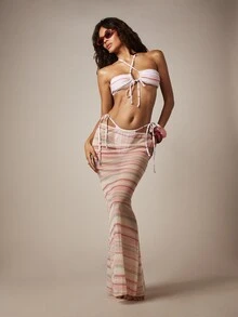MISSGUIDED White Halter Bikini Set With Matching Mesh Beach Maxi Skirt Swimwear Cover Up Summer Vacation Resort Beachwear Three Piece Sexy - Multicolor - View 1