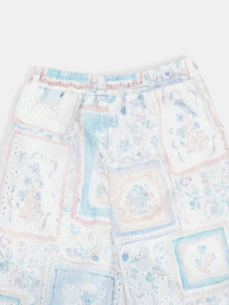 Girls Paisley Print Wide Leg Broderie Anglaise Palazzo Pants With Elastic Waistband And Cropped Length For Spring Summer